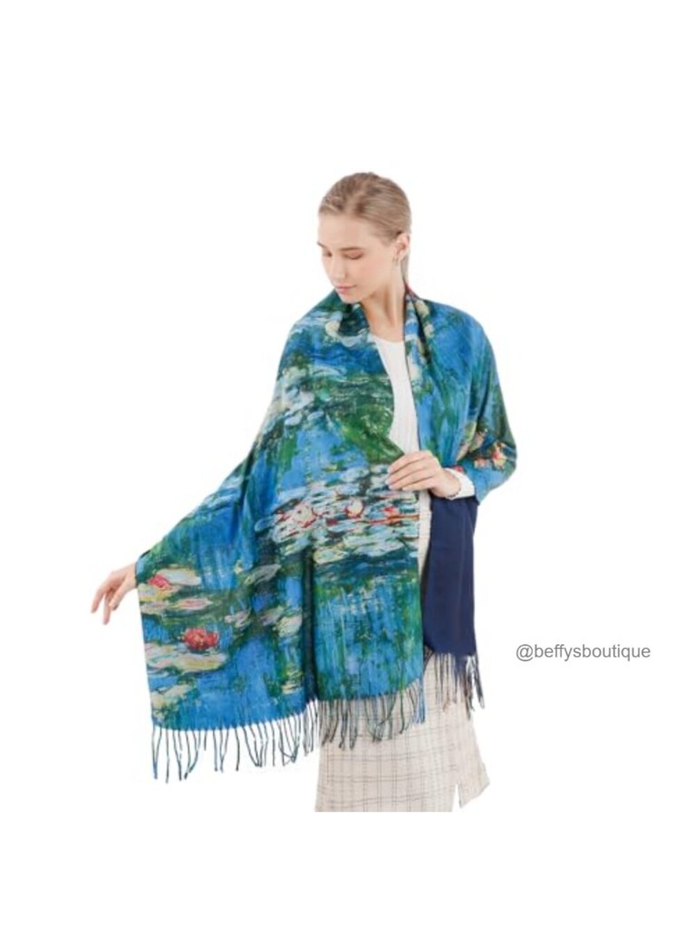 Oversized Tassel Shawl Wrap Monet Water Lilies Art Print Women Scarf